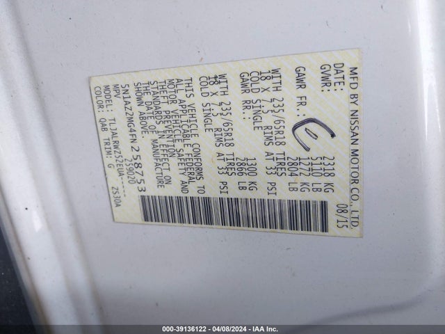 Nissan MURANO SL 2015 5N1AZ2MG4FN258753 Image 9