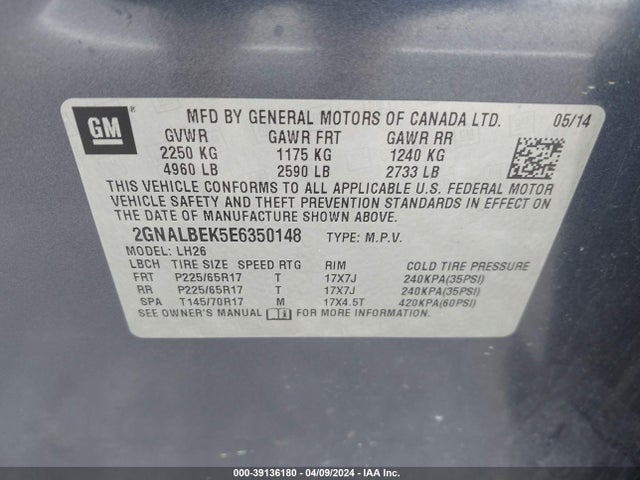 Chevrolet EQUINOX 1LT 2014 2GNALBEK5E6350148 Image 9