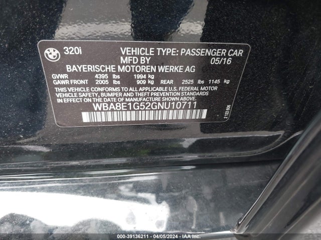 BMW 320i 2016 WBA8E1G52GNU10711 Image 9