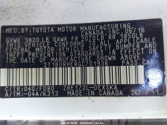 Toyota Corolla S Plus 2016 2T1BURHE8GC701936 Image 9