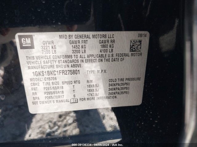 1GKS1BKC1FR275801 GMC YUKON SLT