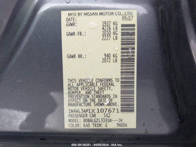 Nissan Altima 2.5 S 2018 1N4AL3AP1JC107671 Image 9