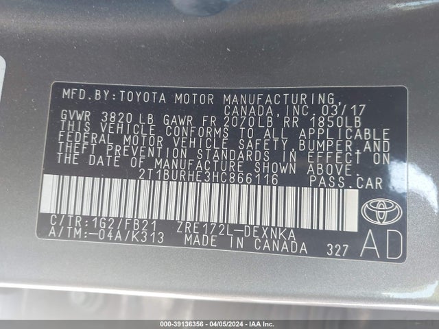 Toyota COROLLA LE 2017 2T1BURHE3HC866116 Image 9