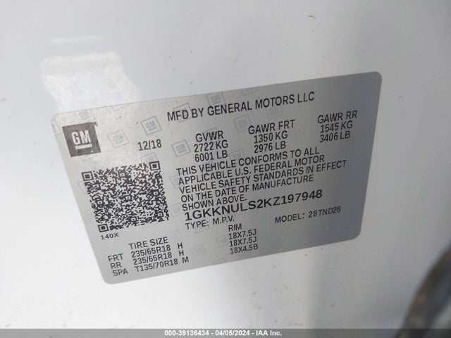 1GKKNULS2KZ197948 GMC Acadia Slt-1