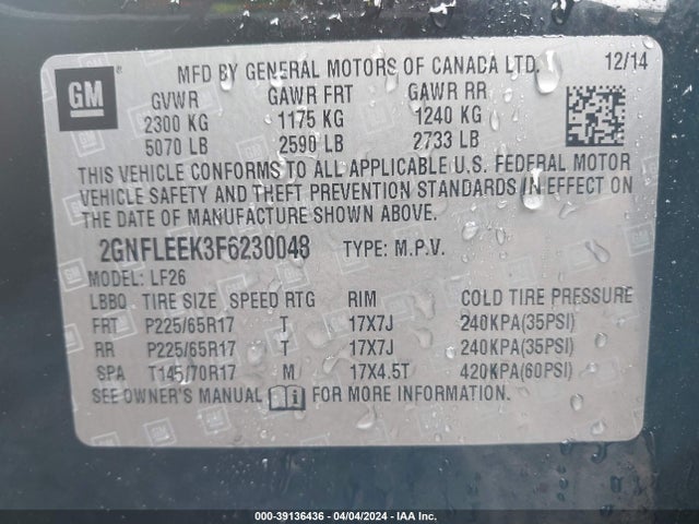 Chevrolet EQUINOX LS 2015 2GNFLEEK3F6230048 Image 9