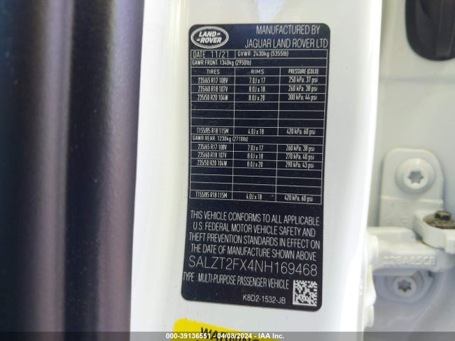 SALZT2FX4NH169468 Land Rover Range Rover Evoque R-dynamic S