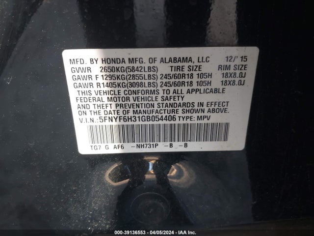 Honda Pilot Ex 2016 5FNYF6H31GB054406 Image 9