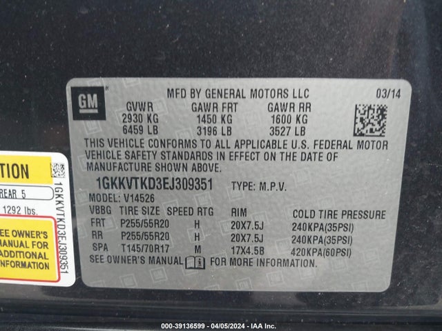 GMC Acadia Denali 2014 1GKKVTKD3EJ309351 Image 9