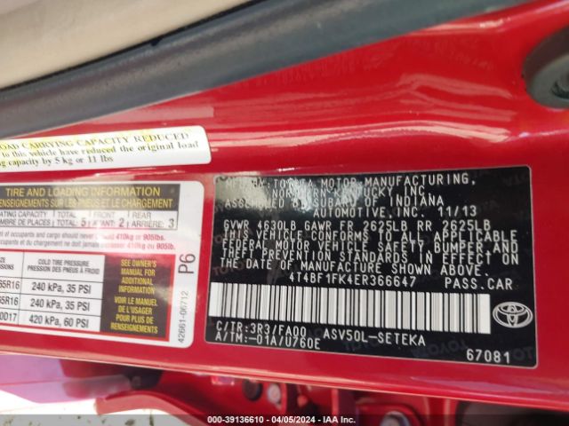 4T4BF1FK4ER366647 Toyota CAMRY L