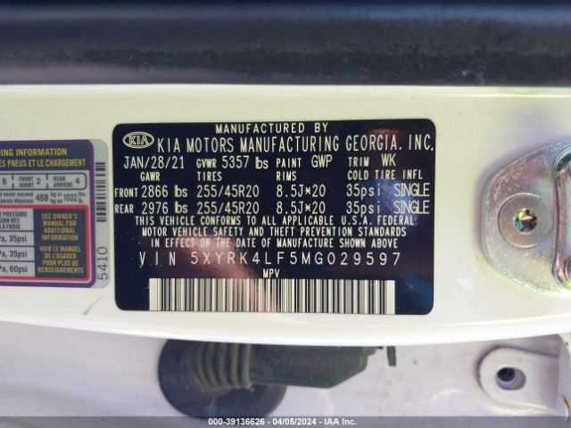 5XYRK4LF5MG029597 KIA Sorento Sx Prestige