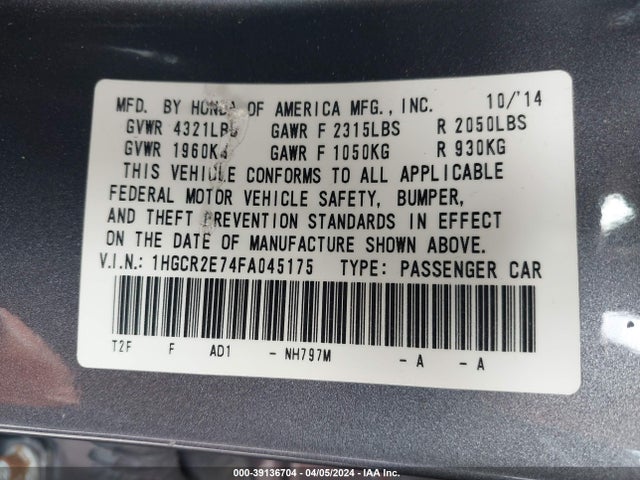Honda ACCORD EX 2015 1HGCR2E74FA045175 Image 9