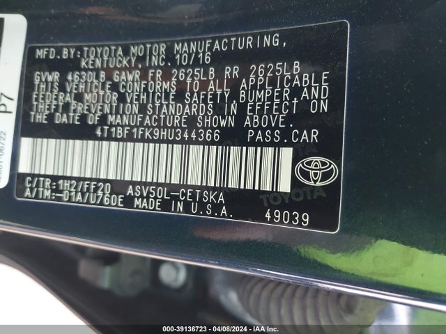Toyota CAMRY SE 2017 4T1BF1FK9HU344366 Image 9