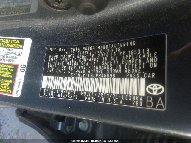 Toyota COROLLA LE 2018 5YFBURHE6JP848098 Image 9