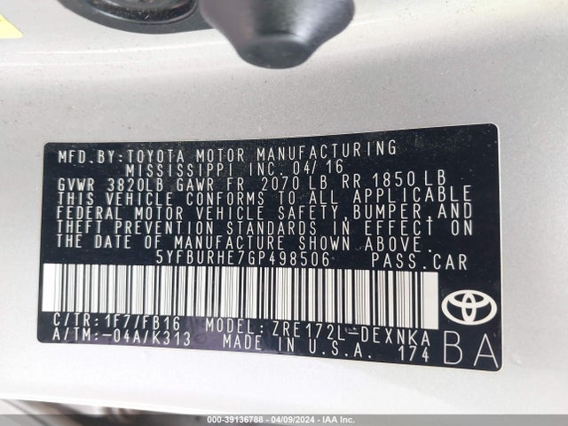 Toyota COROLLA LE 2016 5YFBURHE7GP498506 Image 9
