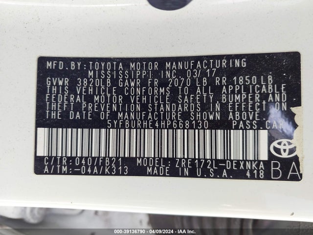 Toyota COROLLA LE 2017 5YFBURHE4HP668130 Image 9
