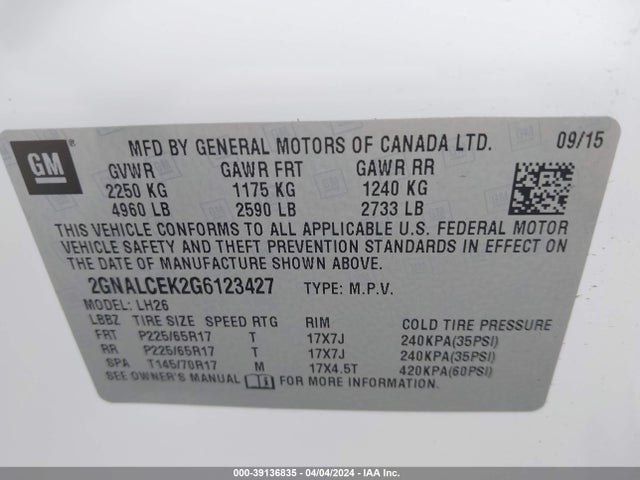 Chevrolet EQUINOX LT 2016 2GNALCEK2G6123427 Image 9
