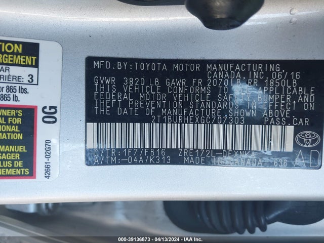Toyota COROLLA LE 2016 2T1BURHEXGC707303 Image 9