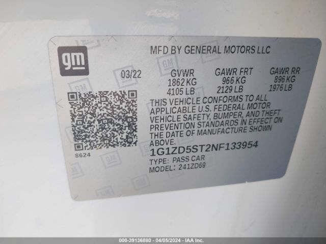1G1ZD5ST2NF133954 Chevrolet Malibu Fwd Lt
