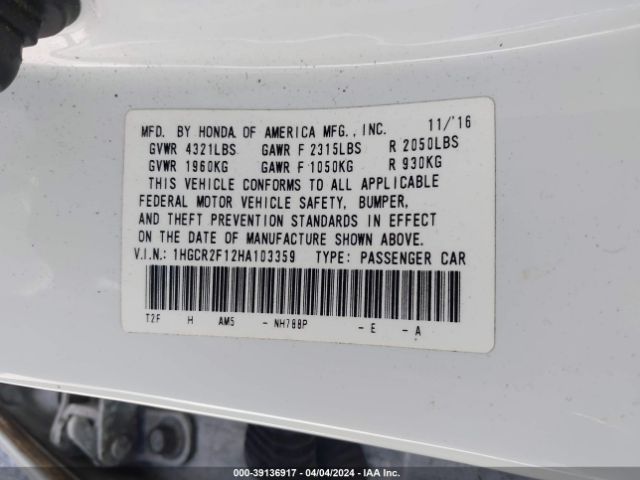1HGCR2F12HA103359 Honda Accord Sport Se