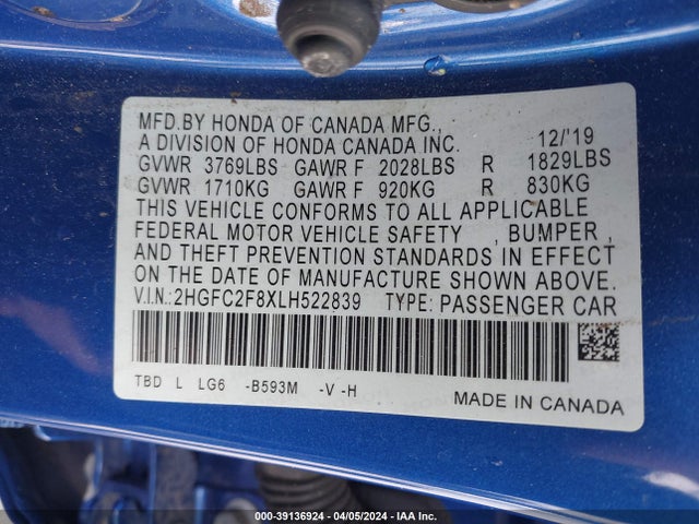 Honda Civic Sport 2020 2HGFC2F8XLH522839 Image 9