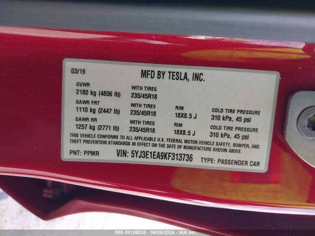 Tesla Model 3 Long Range/mid Range/standard Range/standard Range Plus 2019 5YJ3E1EA9KF313736 Image 9