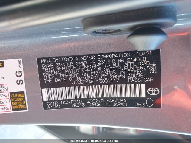 Toyota COROLLA LE 2022 JTDEPMAE1N3001117 Image 9