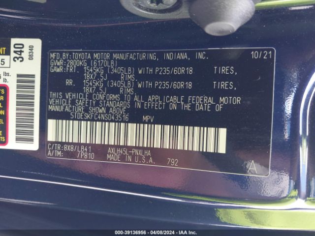 5TDESKFC4NS043516 Toyota Sienna Platinum
