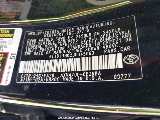 Toyota CAMRY LE 2018 4T1B11HK2JU145063 Image 9