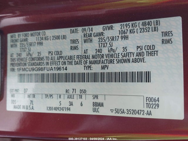 Ford ESCAPE SE 2015 1FMCU9G98FUA19614 Image 9
