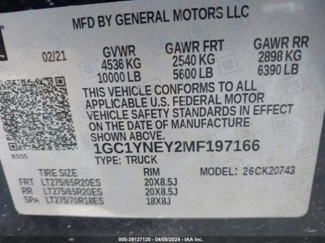 1GC1YNEY2MF197166 Chevrolet Silverado 2500hd 4wd  Standard Bed Lt