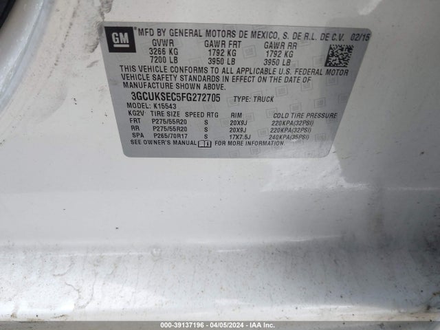 Chevrolet Silverado 1500 1lz 2015 3GCUKSEC5FG272705 Image 9