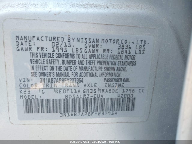 Nissan SENTRA SR 2015 3N1AB7AP8FY237954 Image 9