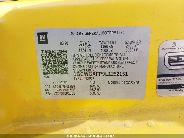 Chevrolet Express Cargo Rwd 2500 Regular Wheelbase Wt 2020 1GCWGAFP9L1252151 Image 9