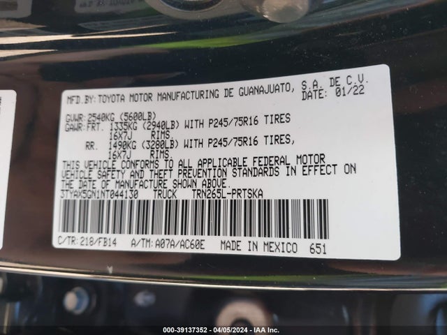 Toyota Tacoma Sr 2022 3TYAX5GN1NT044130 Image 9