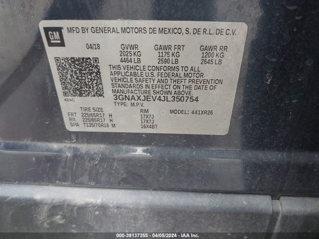 Chevrolet EQUINOX LT 2018 3GNAXJEV4JL350754 Image 9