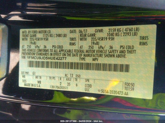 Ford Escape Titanium 2017 1FMCU9JD5HUE42277 Image 9