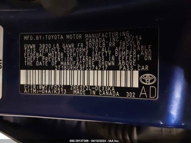 Toyota Corolla S Plus 2015 2T1BURHE9FC274717 Image 9
