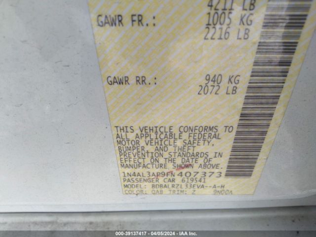 1N4AL3AP9FN407373 Nissan Altima 2.5 Sl