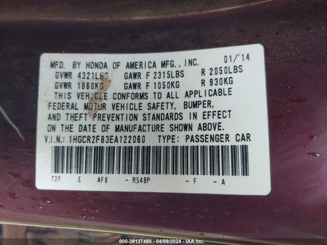 Honda Accord Ex-l 2014 1HGCR2F83EA122060 Image 9