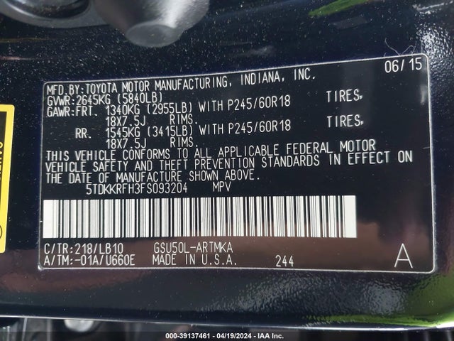 Toyota Highlander Xle V6 2015 5TDKKRFH3FS093204 Image 9