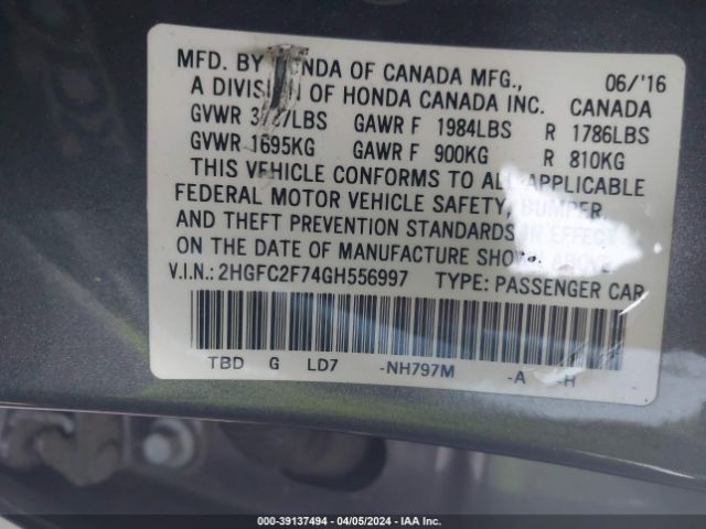 2HGFC2F74GH556997 Honda CIVIC EX