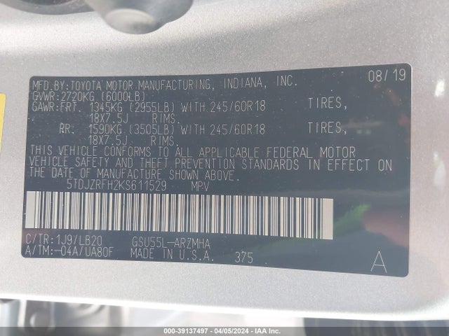 Toyota Highlander Xle 2019 5TDJZRFH2KS611529 Image 9
