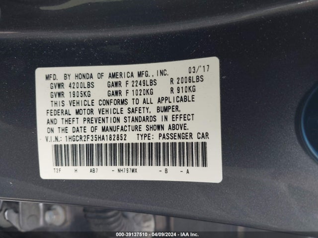 Honda ACCORD LX 2017 1HGCR2F35HA182852 Image 9