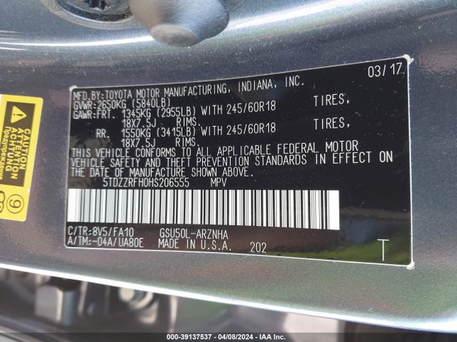 Toyota Highlander Le Plus 2017 5TDZZRFH0HS206555 Image 9