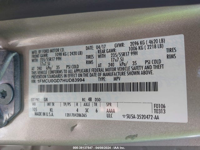 Ford ESCAPE SE 2017 1FMCU0GD7HUD83994 Image 9