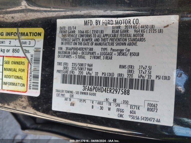Ford FUSION SE 2014 3FA6P0HD4ER297588 Image 9