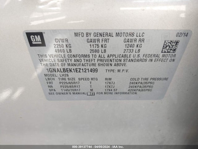 Chevrolet EQUINOX 1LT 2014 1GNALBEK1EZ121499 Image 9