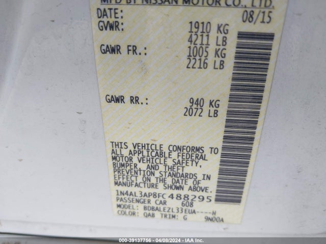 Nissan Altima 2.5 S 2015 1N4AL3AP8FC488295 Image 9