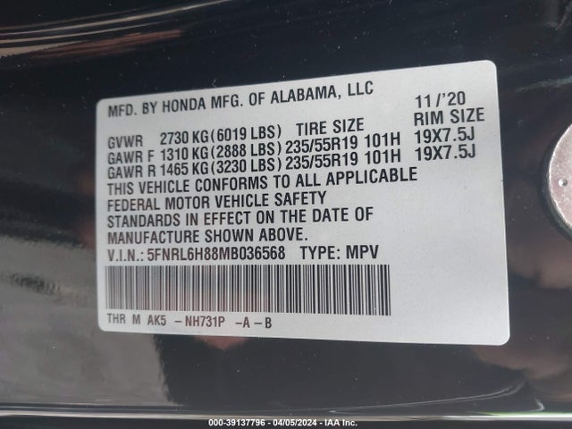 Honda Odyssey Touring 2021 5FNRL6H88MB036568 Image 9