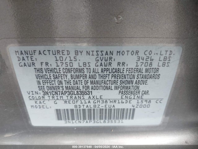 Nissan Versa 1.6 Sv 2016 3N1CN7AP3GL835531 Image 9